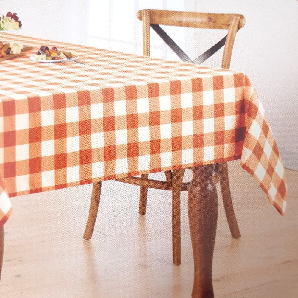 Fabric Tablecloth Fall Harvest Gingham Plaid 60x102 Orange Ivory